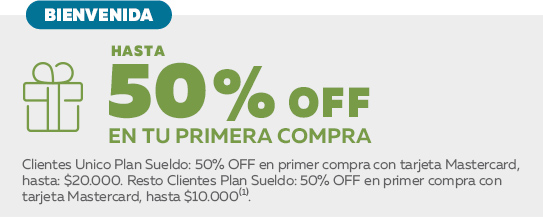 Beneficio bienvenida, hasta 50% off en tu primera compra